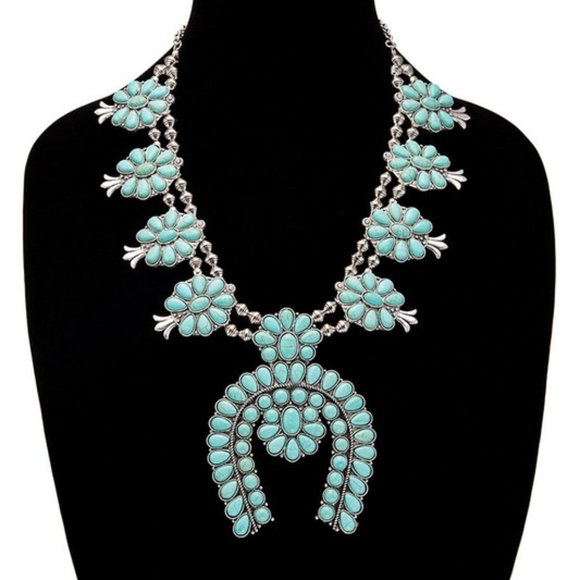 New Full Squash Blossom Natural Turquoise Stone Silver Western Necklace - Picture 3 of 5